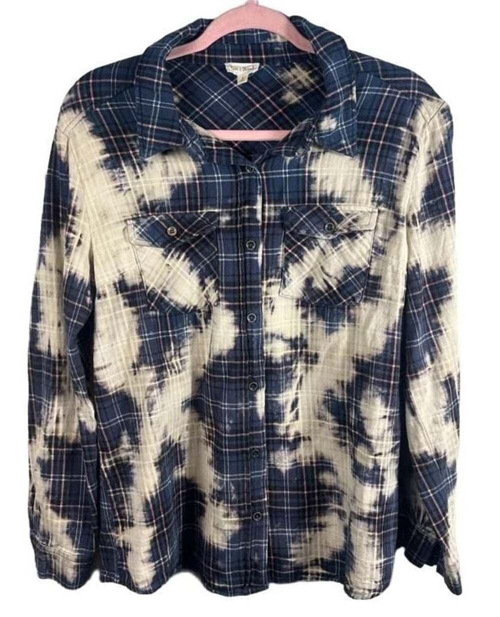 Hem & Thread Plaid Flannel Shirt Size L Bleached Distressed